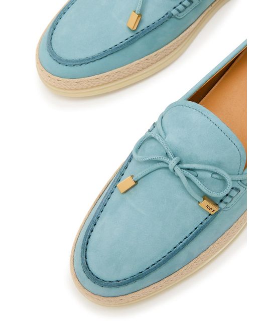 Tod's Green Raffia-Trim Suede Loafers
