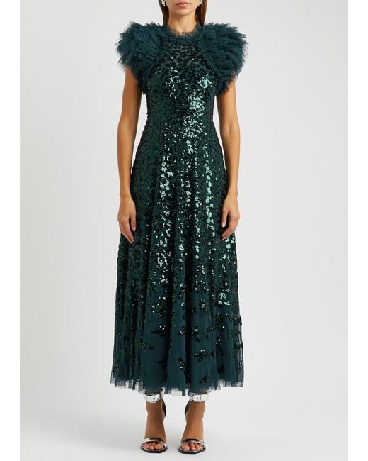 Needle & Thread Green Rose Sequin-embellished Tulle Gown