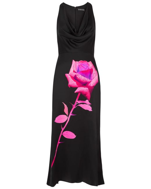 David Koma Black Printed Silk-Satin Midi Dress