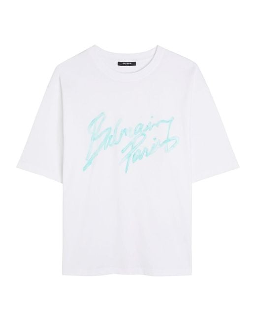 Balmain White Logo-Print Cotton T-Shirt