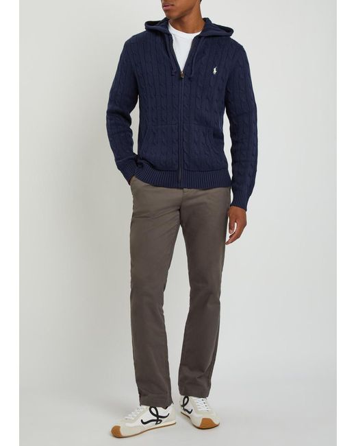 Polo Ralph Lauren Blue Logo-Embroidered Hooded Cable-Knit Cotton Jumper for men