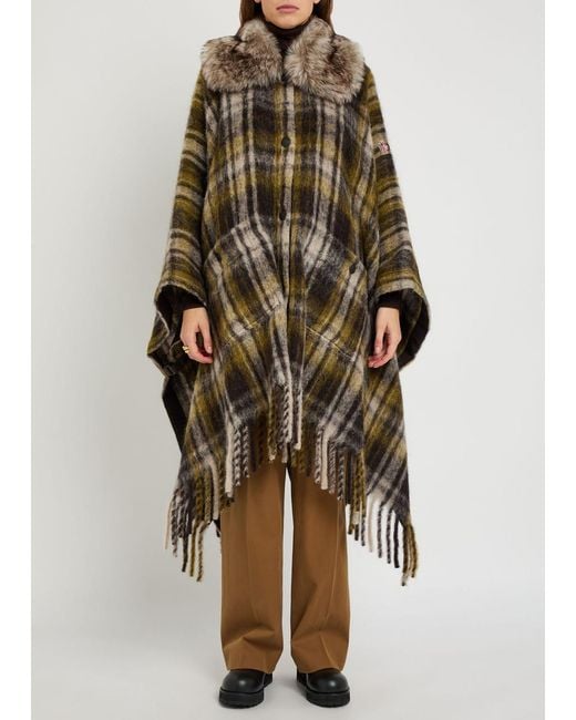 Moncler Brown Plaid Brushed Wool-Blend Cape