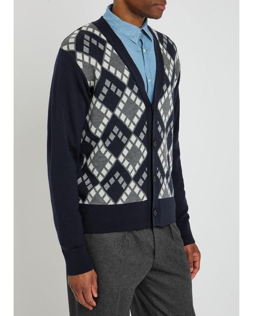 Officine Generale Blue Pattern Wool Cardigan for men
