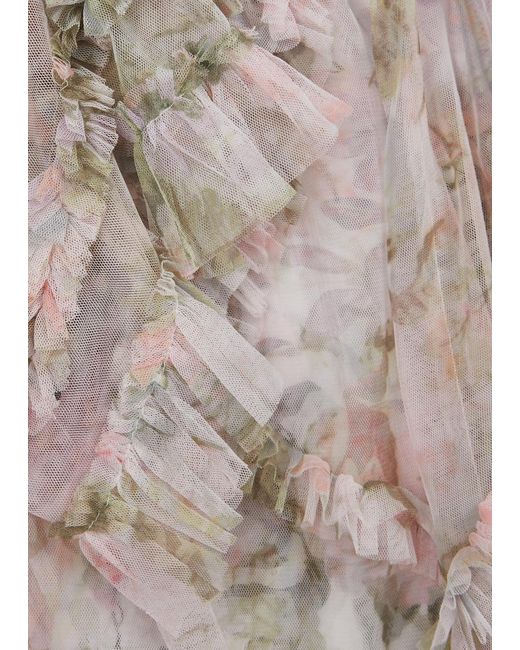 Needle & Thread Natural Rose Powder Printed Ruffled Tulle Mini Dress