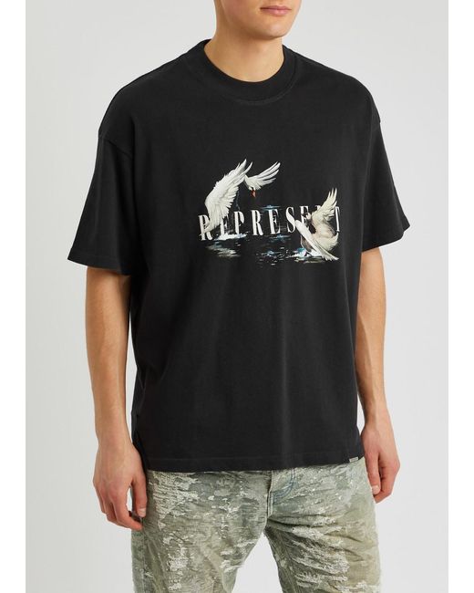 Represent Black Swan Printed Cotton T-shirt for men