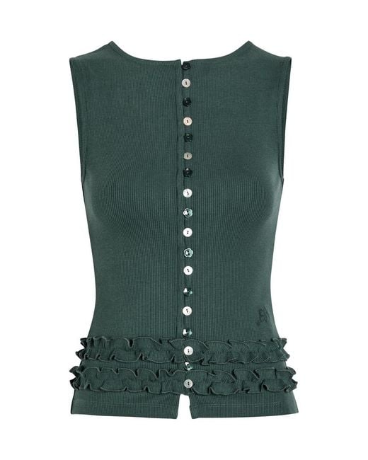 Damson Madder Green Ember Ribbed Ruffle-Trim Cotton-Blend Tank