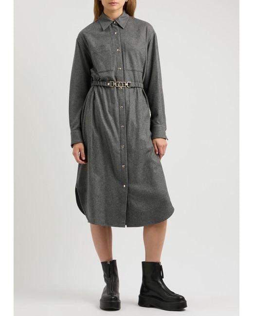 Moncler Gray Belted Wool-Blend Midi Shirt Dress