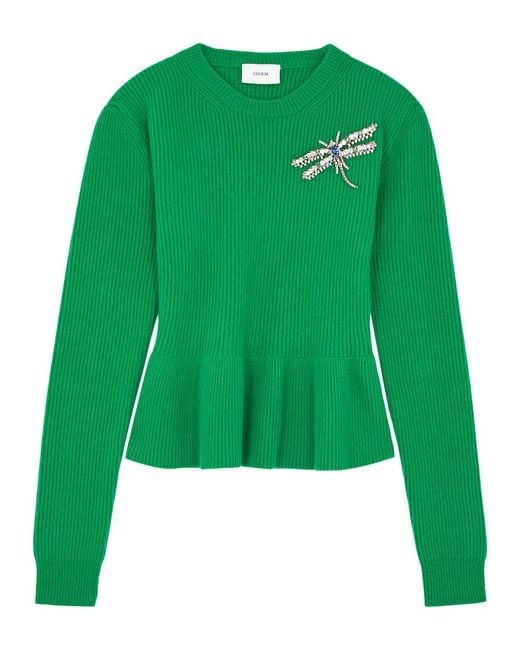 Erdem Green Dragonfly-embellished Wool Jumper