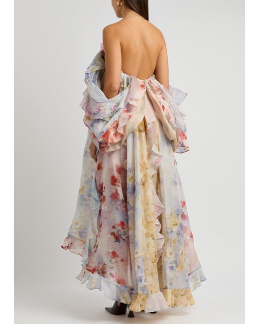 Zimmermann Pink Crush Strapless Floral-Print Linen-Blend Dress