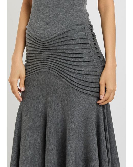 Alaïa Gray Sculpting Ruched Wool Midi Dress