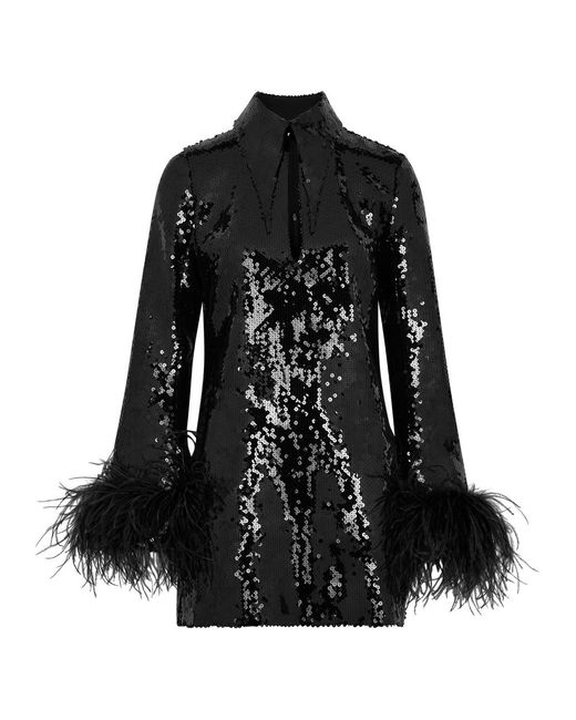 16Arlington Black Michelle Feather-trimmed Sequin Mini Dress