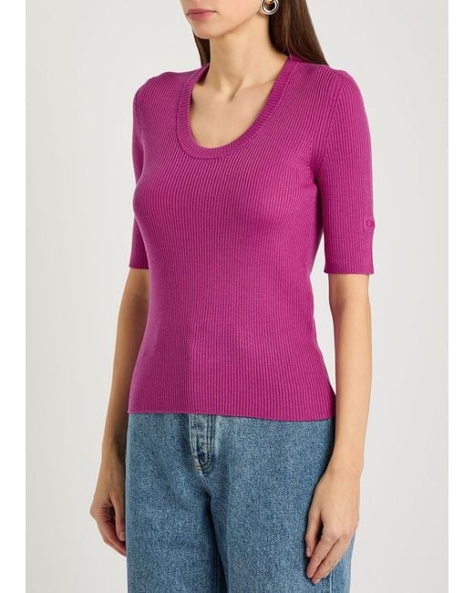 Chloé Pink Logo-Embroidered Ribbed Wool Top