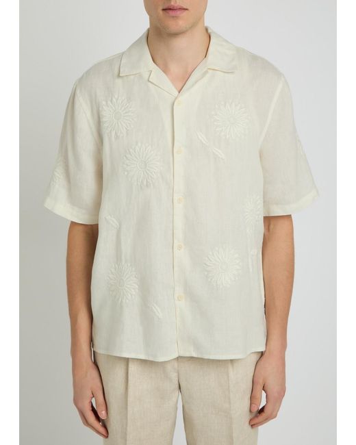 Wax London White Didcot Floral-Embroidered Linen Shirt for men