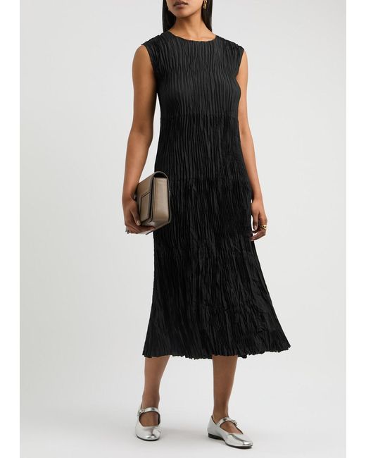 Eileen Fisher Black Jewel Plissé Silk Midi Dress