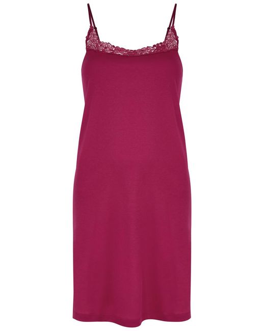 Hanro Purple Michelle Lace-Trimmed Cotton Slip Dress