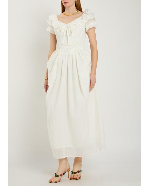 Thierry Colson White Falbala Embroidered Cotton Midi Dress