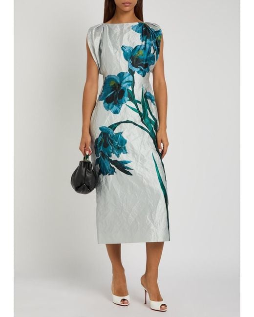 Erdem Blue Floral-Print Textured Satin Midi Dress