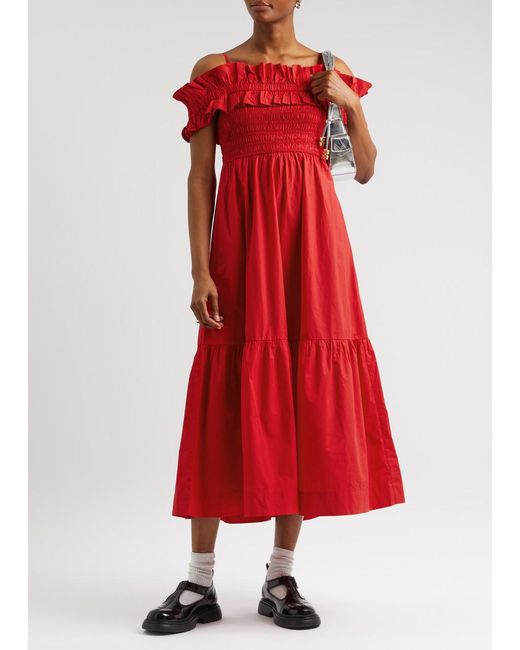 Ganni Red Ruffled Cotton-Poplin Midi Dress