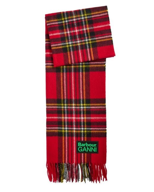 BARBOUR X GANNI Red Tartan Fringed Wool Scarf