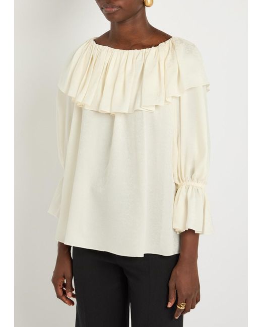 Chloé Natural Floral Jacquard Ruffled Silk Blouse