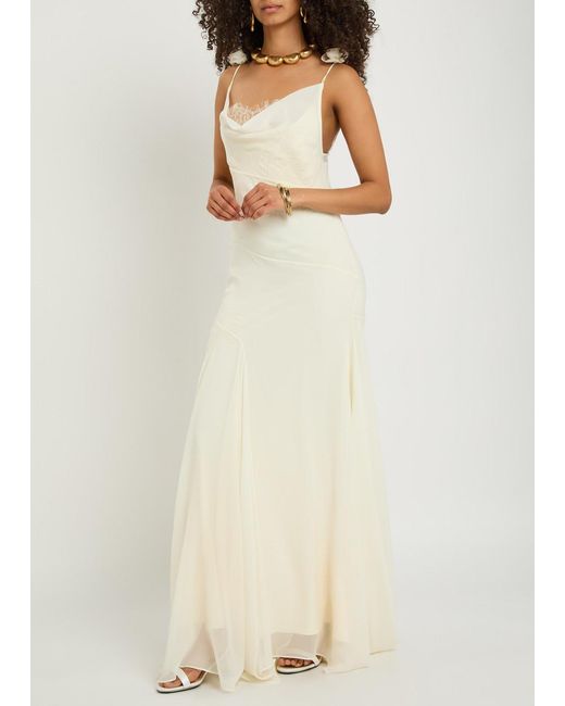 De La Vali White Dia Embroidered Appliquéd Silk Maxi Dress