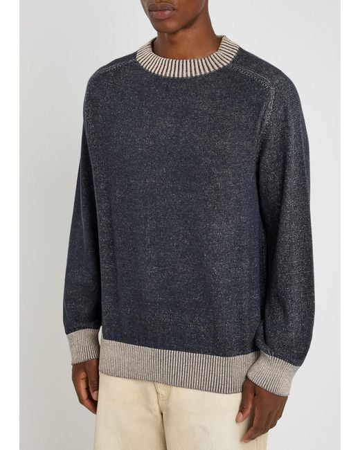 YMC Blue Two-Tone Fine-Knit Sweatshirt for men