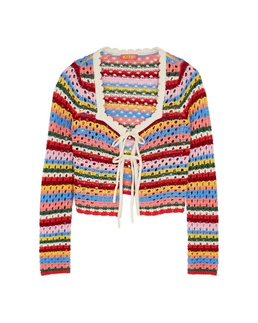 Kitri Red Dionne Striped Crochet-Knit Cardigan