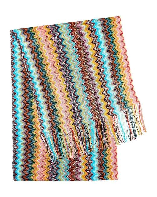 Missoni Blue Zigzag Fringed Fine-Knit Scarf