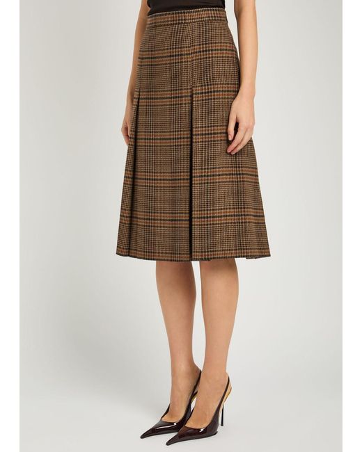 Saint Laurent Brown Houndstooth Inverted-Pleat Wool Midi Skirt
