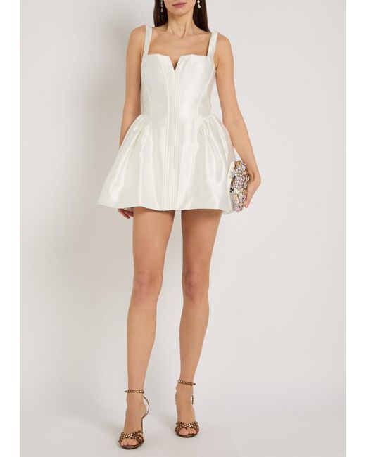 Self-Portrait White Square-Neck Satin-Twill Mini Dress