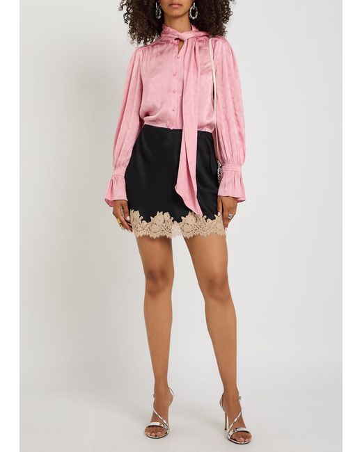 Rixo Black Ariah Lace-Trim Satin Mini Skirt