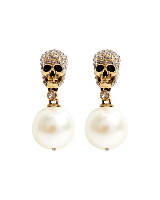 Alexander McQueen White Skull-embellished Drop Earrings