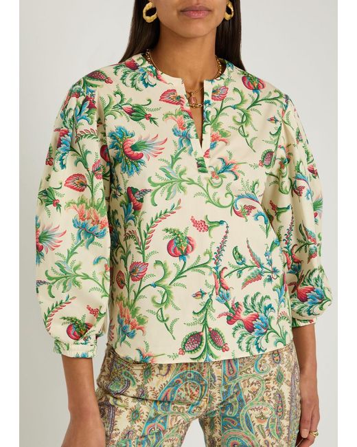 Etro Green Floral-Print Cotton-Poplin Top