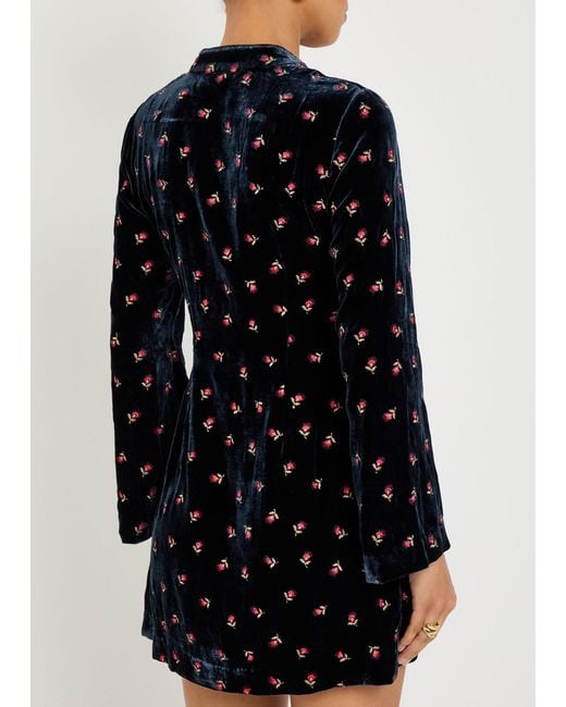 Rixo Blue Calla Floral-Embroidered Velvet Mini Dress