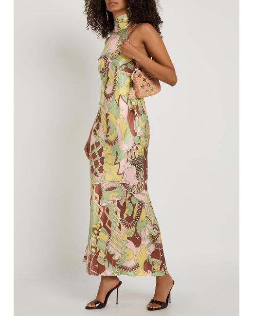 Rixo Metallic Maura Printed Satin Midi Dress