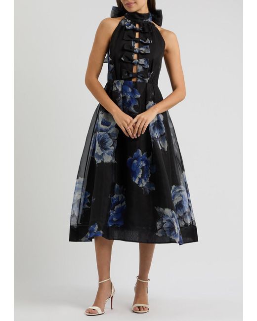 Rebecca Vallance Blue Florentine Floral-Print Organza Midi Dress