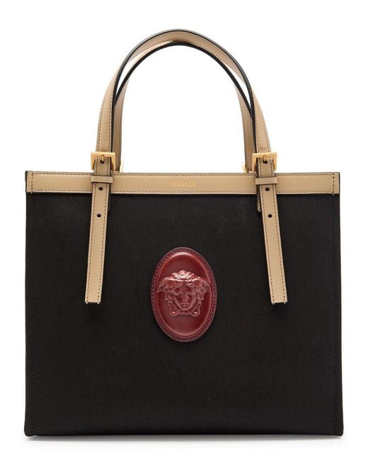 Versace Black Medium Logo-Appliquéd Leather And Canvas Tote