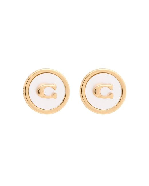 COACH White Logo Mother Of Pearl Stud Earrings