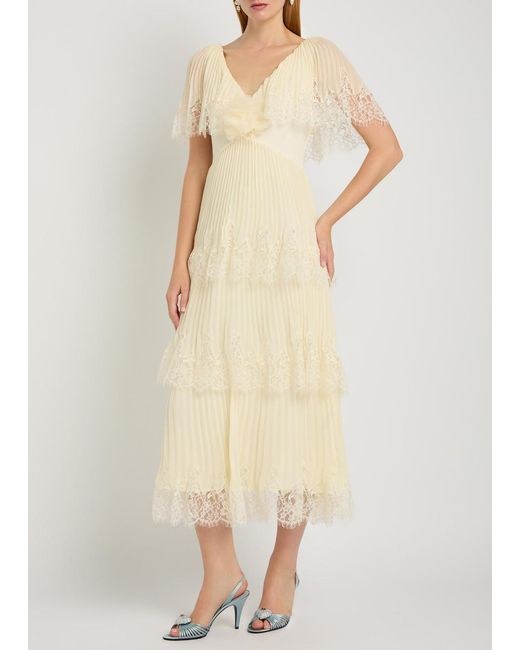 Self-Portrait Natural Tiered Lace-Trim Plissé Chiffon Midi Dress