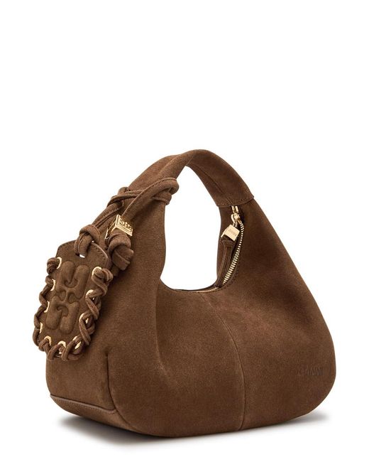 Ganni Brown Hobo Mini Logo Suede Top Handle Bag