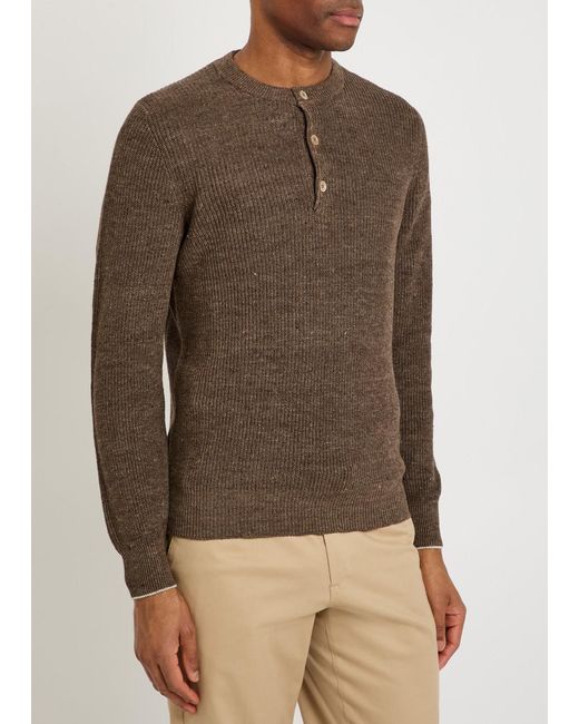 Brunello Cucinelli Brown Ribbed-Knit Linen And Cotton-Blend Jumper for men