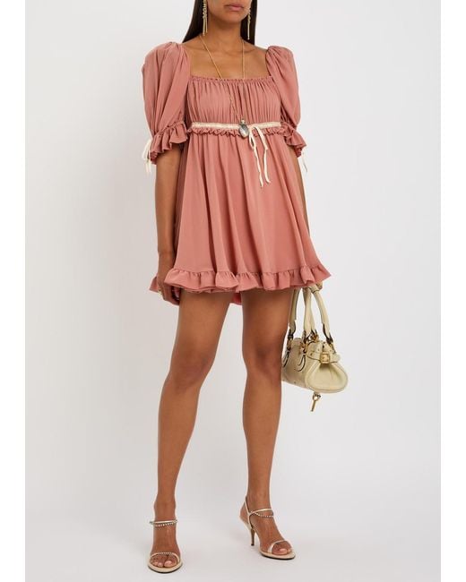 Chloé Pink Gathered Silk-Georgette Mini Dress