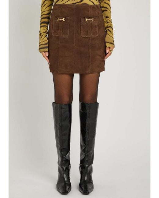 Rixo Brown Wiley Horsebit-Embellished Suede Mini Skirt
