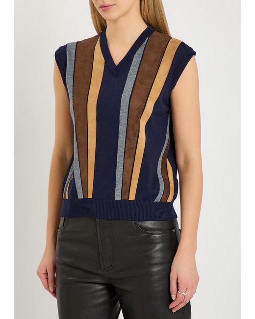 Versace Blue Patchwork Fine-Knit Wool And Suede Vest