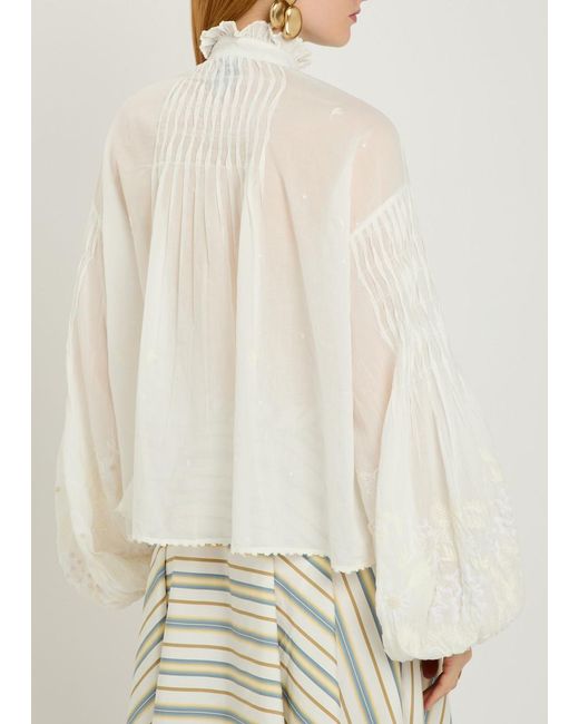 Thierry Colson White Slava Embroidered Balloon Sleeve Cotton Shirt