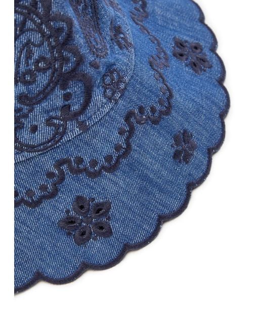 Zimmermann Blue Paisley Embroidered Denim Bucket Hat