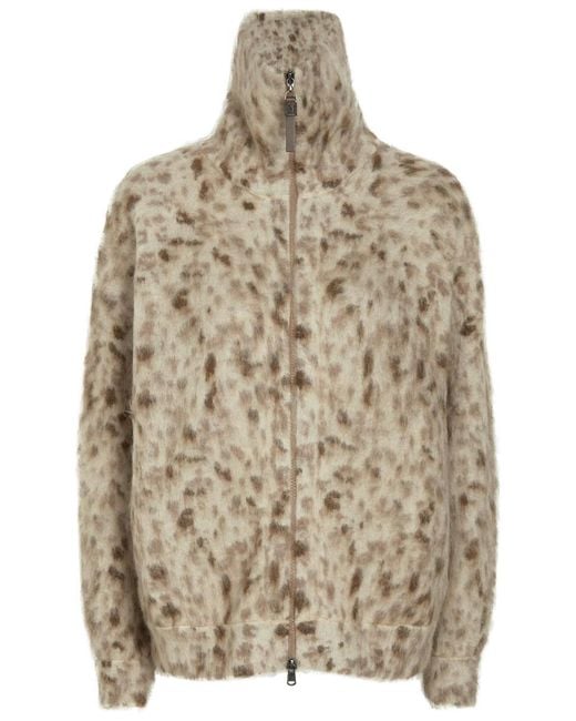 Brunello Cucinelli Natural Lynx-Jacquard Brushed Mohair-Blend Cardigan