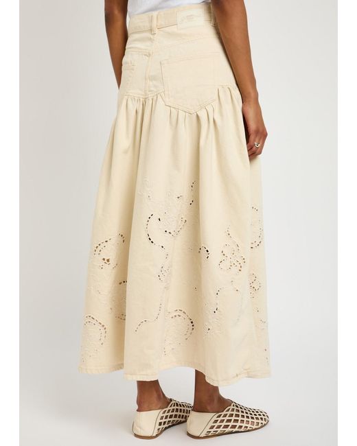 Ganni Natural Embroidered Denim Midi Skirt
