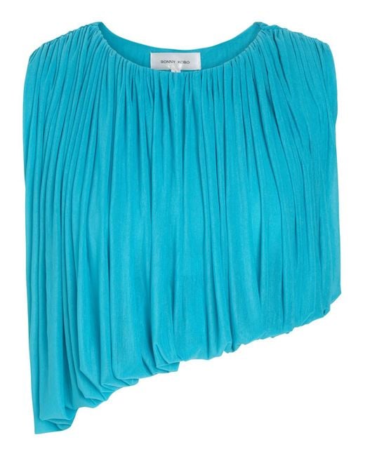 Ronny Kobo Blue Chelly Gathered Asymmetric Tissue Jersey Cropped Top