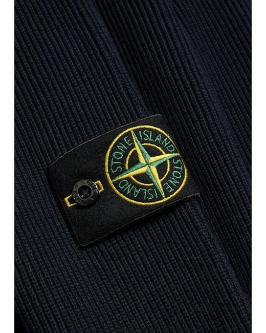 Stone Island Blue Logo-Appliquéd Half-Zip Ribbed Cotton-Knit Jumper for men